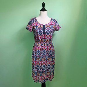 Colorful Ikat A-line Dress w/ Pockets & Shirred Waistline